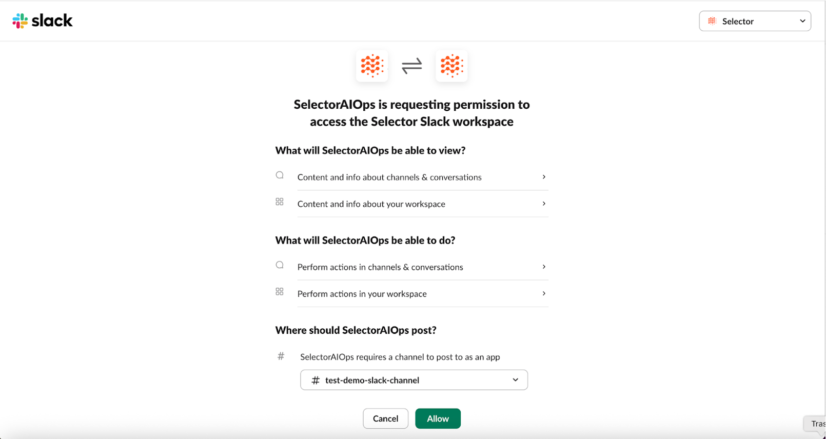 Selector Slack Access Permissione