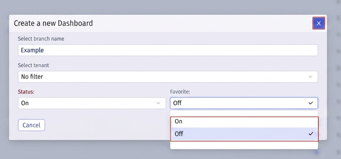 Selector Add New Dashboard Favorites