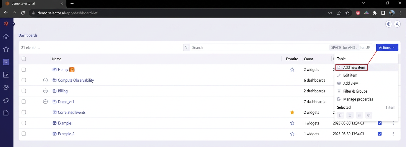 Selector Add New Dashboard Folder