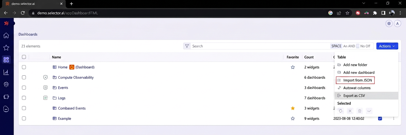 Selector Dashboard Import from JSON