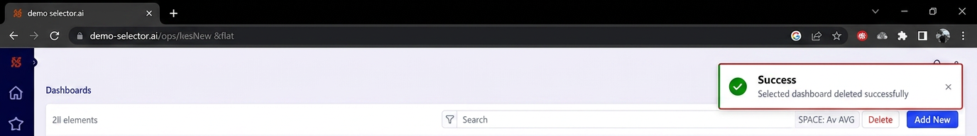 Selector Dashboard Delete Dashboard Success
