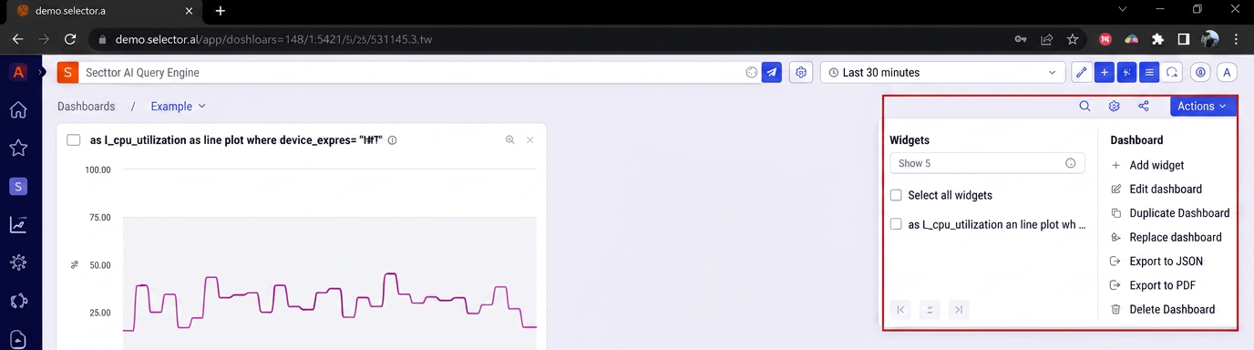 Selector Dashboard Actions Access