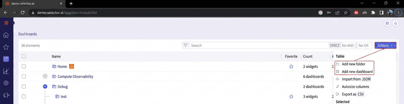 Selector Add New Dashboard Step 1