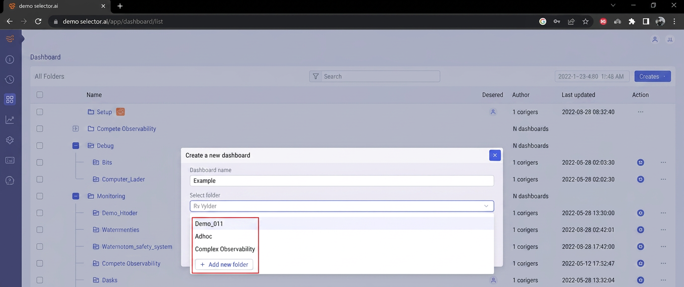 Selector Add New Dashboard Folder