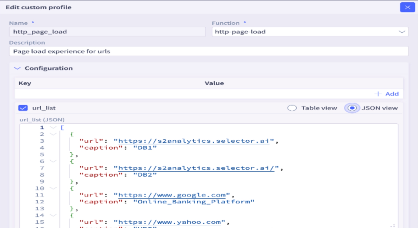 Tabular Interface for Synthetics URLs (JSON)